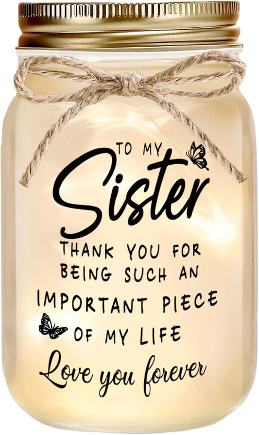 Sisters Gifts from Sister - Decorative Mason Jar with Warm Glow, Unique Gifts for Sister, Birthday Christmas Thanksgiving Day Gift for Best Sisters